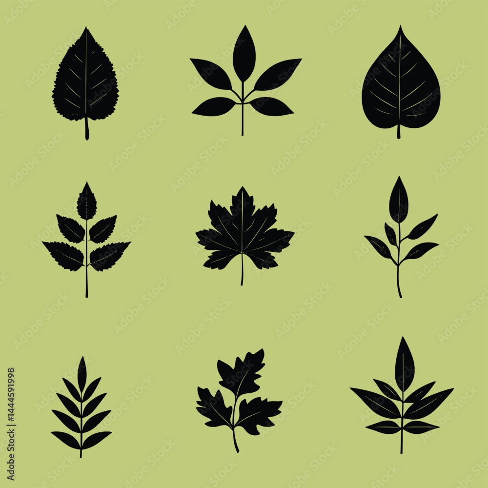 Obraz premium Nine Black Leaf Silhouettes on Green Background