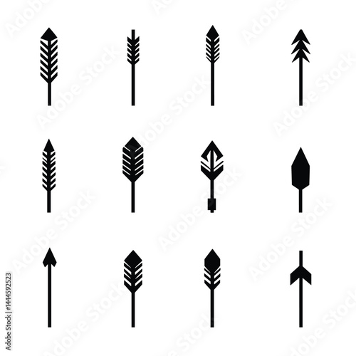 Black Arrow Icons Set with Diverse Fletching and Arrowhead Designs