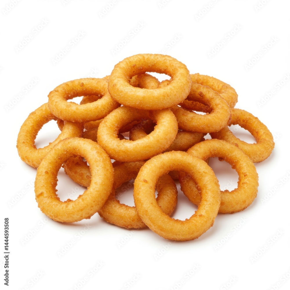 A pile of golden brown onion rings stacked on top of each other against a white background in close up view A pile of golden brown onion rings stacked on top of each other against a white background in close up view