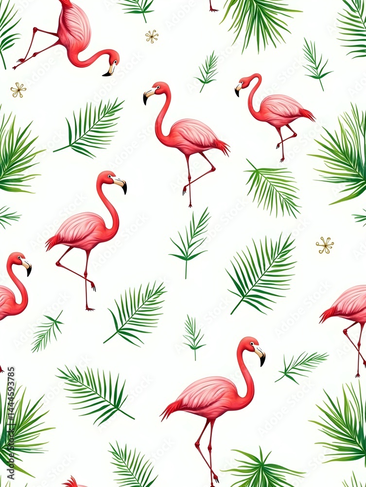 Fototapeta premium Refreshing summer seamless pattern with tropical palm leaves and flamingos for a lively tropical vibe concept as Tropical palm leaves and flamingos arranged in a seamless pattern f Seamless Set
