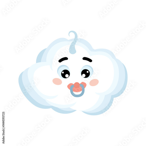 Cute happy kawaii cloud. Happy cloud baby with a pacifier. Vector cartoon style comic, weather icon.