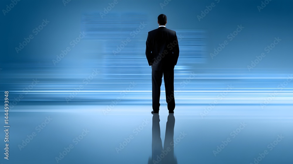 Fototapeta premium A silhouette of a logistics manager stands before a futuristic digital interface displaying various technological innovations in logistics, with ample copy space to the side.