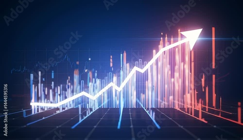 Digital animation showing a financial growth graph with increasing investment over time with coins and money visualized
