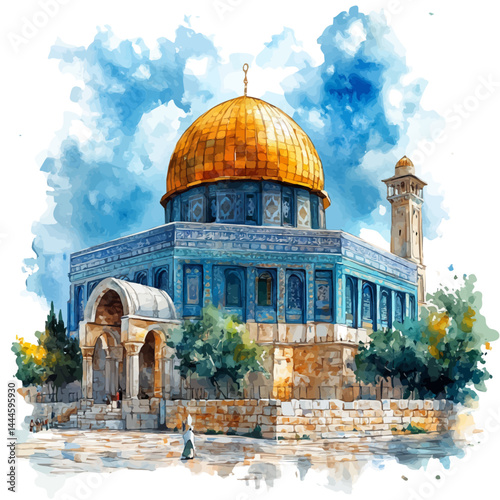 illustration of Dome Of The Rock, watercolor vector, isolated on a white background.