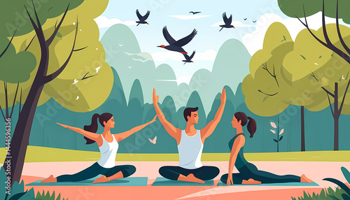 Outdoor Yoga Group in Park, Vector Illustration
