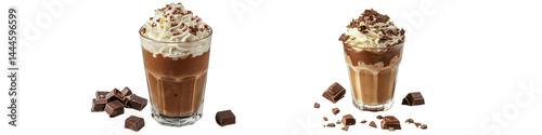 A collection of two chocolate milkshakes topped with whipped cream and chocolate shavings, surrounded by chocolate chunks, isolated on a transparent background.