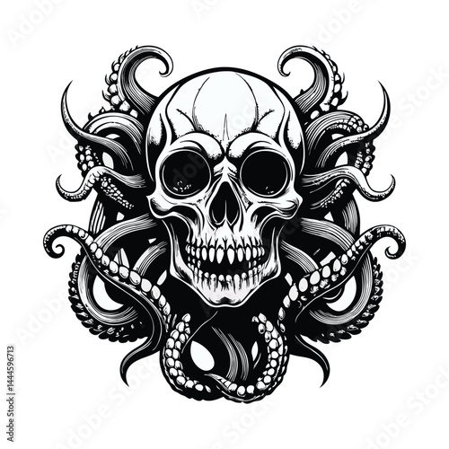 Intricate Skull and Tentacles Vector – Mysterious and Dark Art.