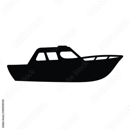 Black Silhouette of a Motorboat on White Background A Simple Illustration of a Small Cabin Cruiser Boat