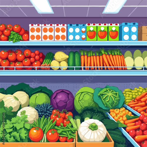 Vibrant Display of Fresh Fruits and Vegetables on Supermarket Shelves with Packaged Goods