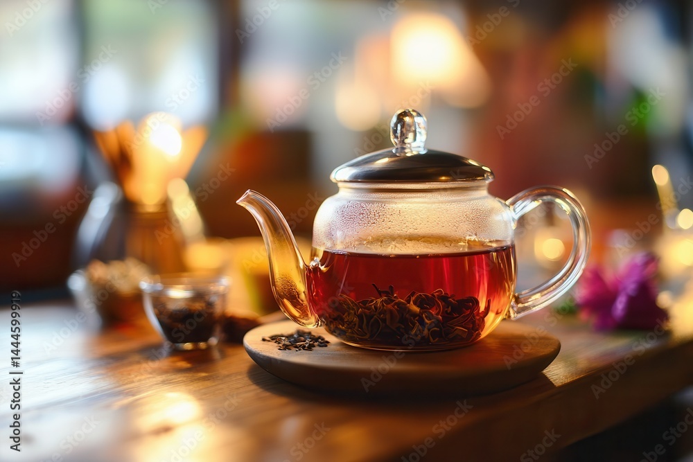 A steaming glass teapot of herbal tea sits elegantly on a wooden table, inviting warmth and relaxation in a cozy setting. A steaming glass teapot of herbal tea sits elegantly on a wooden table, inviting warmth and relaxation in a cozy setting.