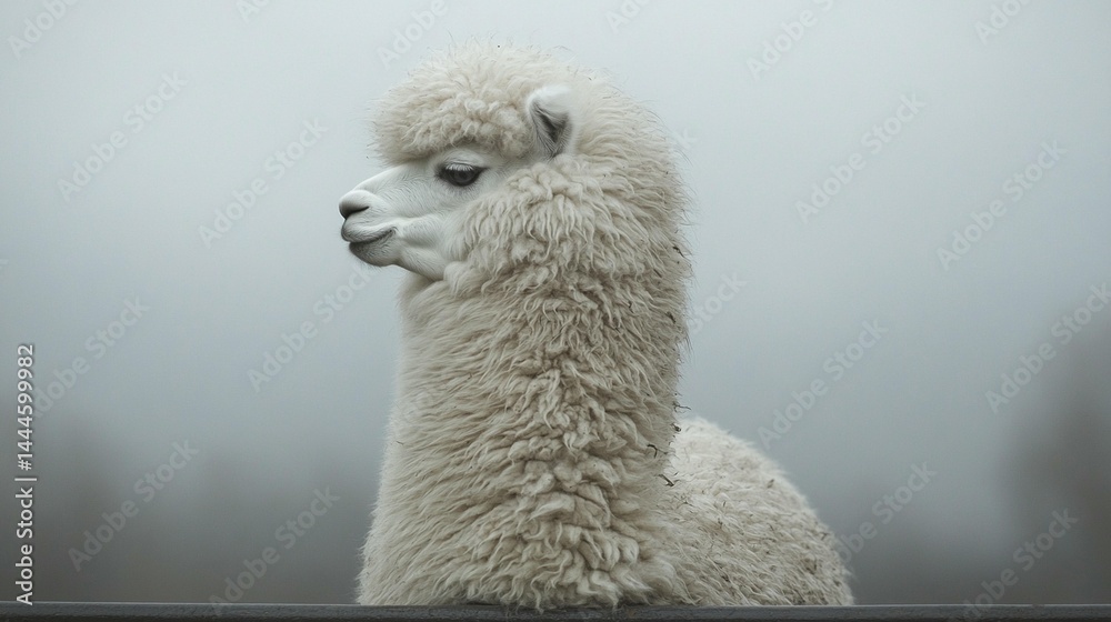 Obraz premium White Alpaca in Foggy Field
