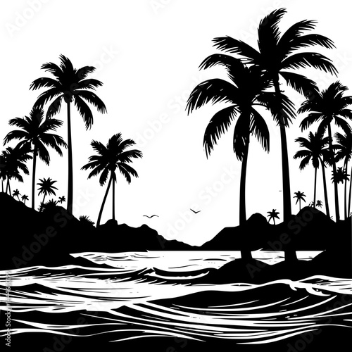  Tropical beach landscape silhouette with palm trees and waves