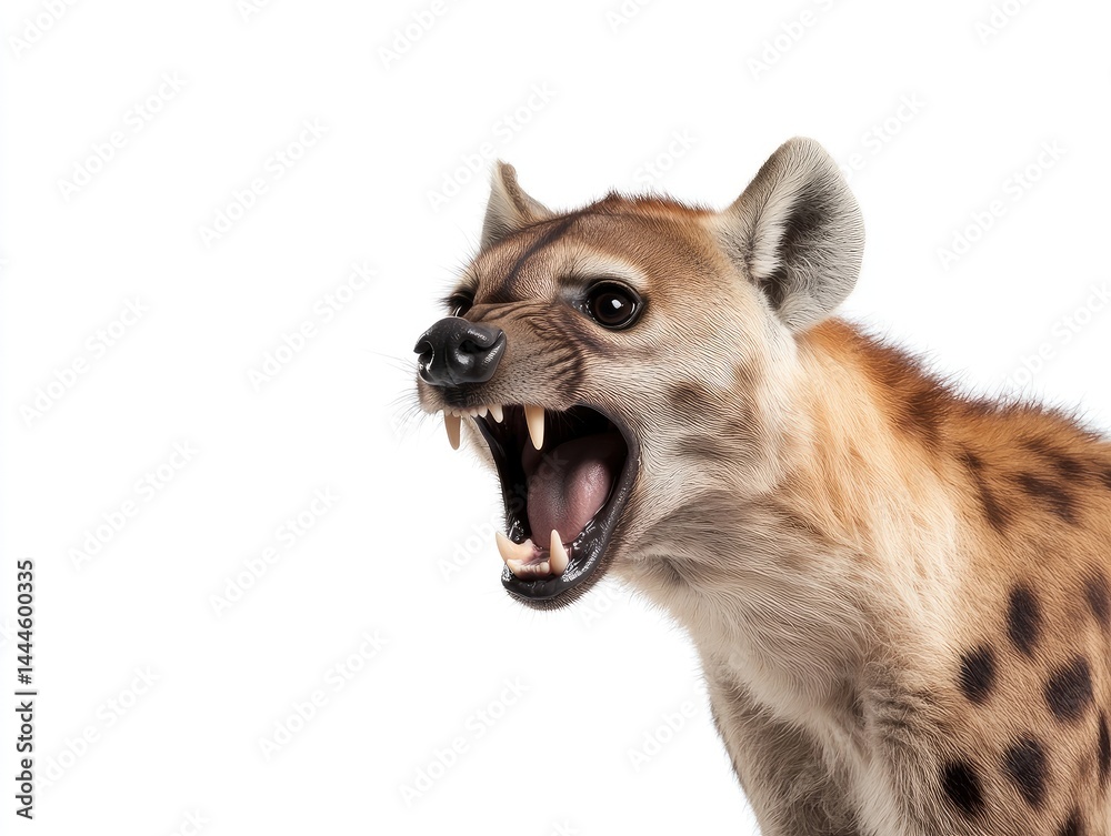 Fototapeta premium Close-up of a spotted hyena's head, mouth open in a menacing growl