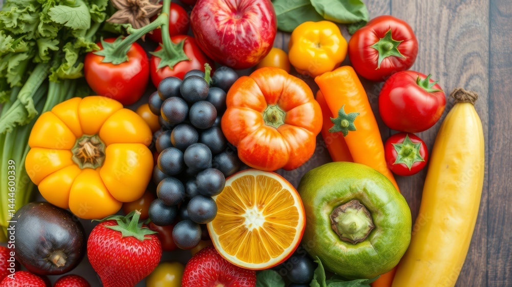 A vibrant collection of fresh fruits and vegetables including s, grapes, peppers, and strawberries arranged on a wooden surface.