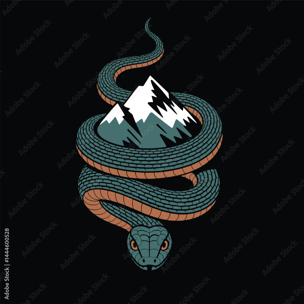 Obraz premium A snake with a mountain on its back. The mountain is covered in snow. The snake is curled up and he is angry
