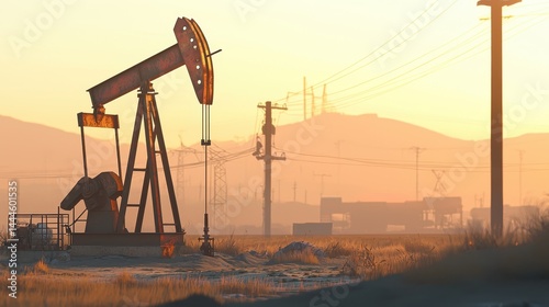 Rusty Oil Pump Jack at Sunset in a Desert Landscape