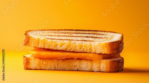 A delicious grilled cheese sandwich on a vibrant yellow background, perfect for food lovers. photo