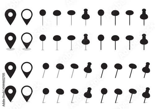 シンプルなピンのイラストセット　黒　地図　マップ　画鋲　アイコン
