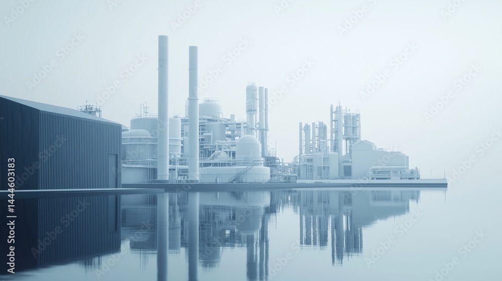 Obraz premium A serene industrial landscape with factories reflected in calm water under a hazy sky.