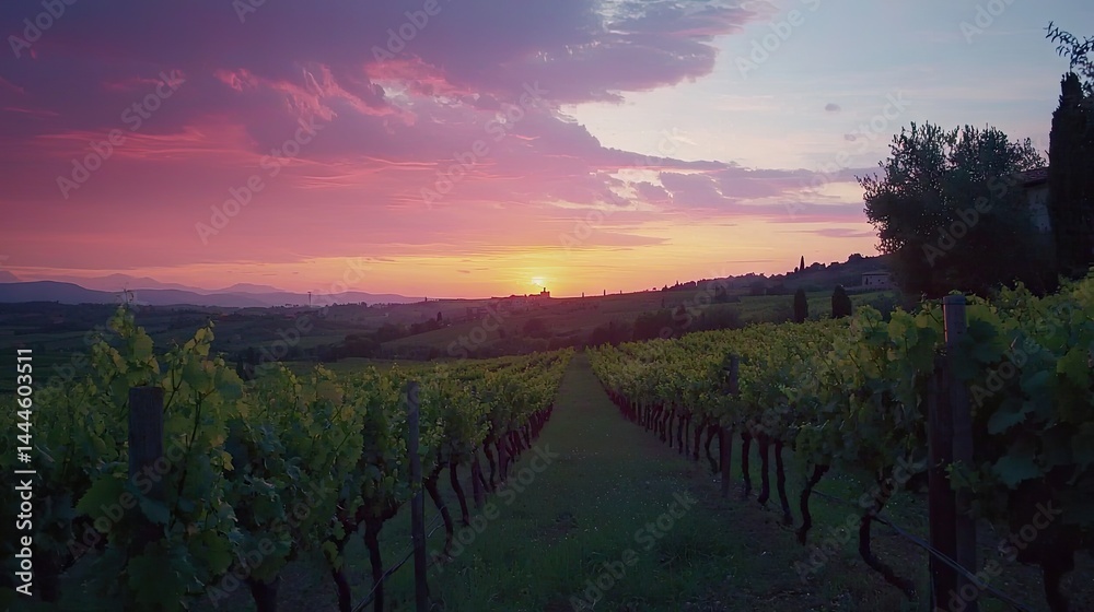 Naklejka premium Vibrant sunset over a picturesque vineyard landscape.