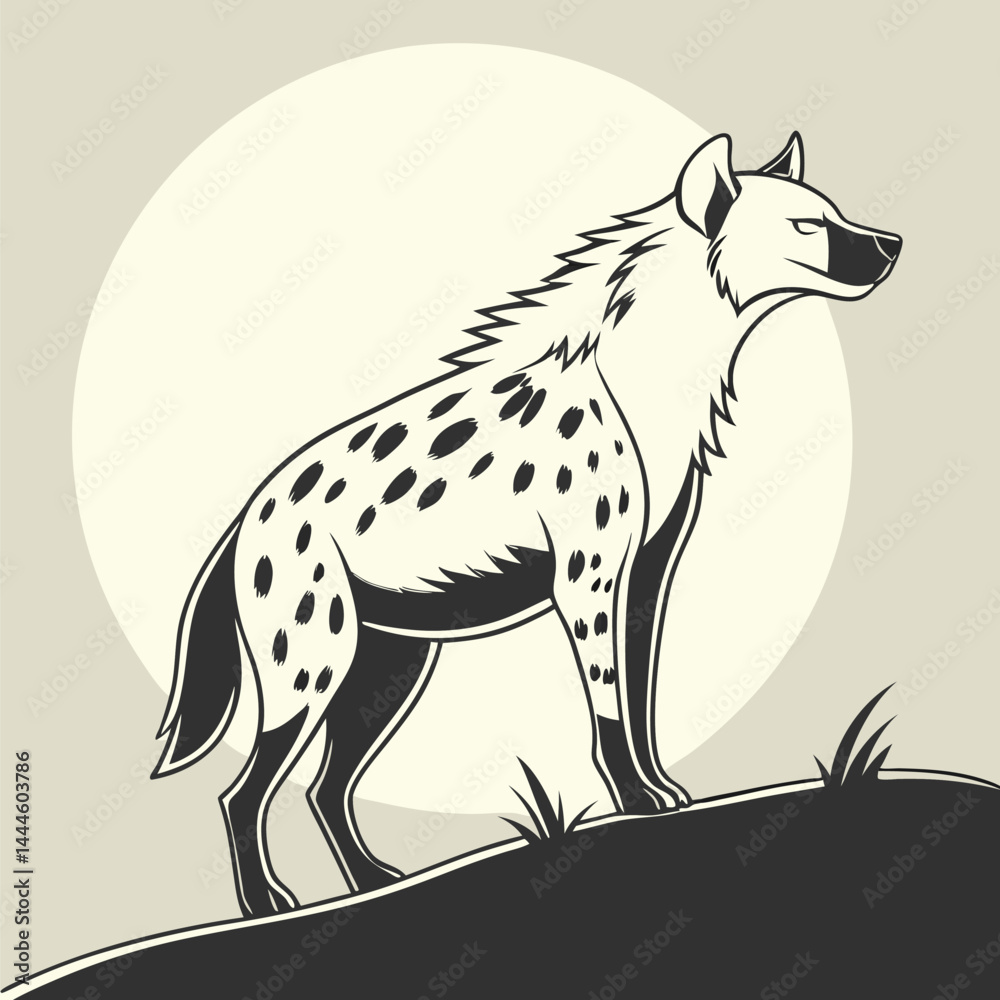 Fototapeta premium Elegant Hyena Side View, Standing on Hill, Black and White, Circle Backdrop