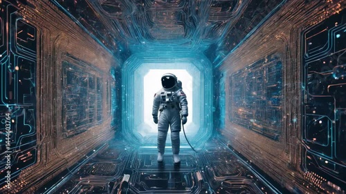 Astronaut inside a giant microcircuit. Video Generative AI.