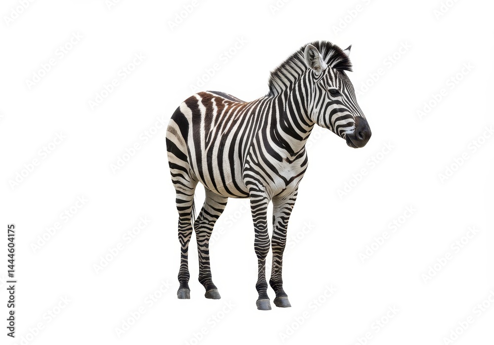 Fototapeta premium A full body shot of a zebra standing on a white background in a studio with good lighting and detail