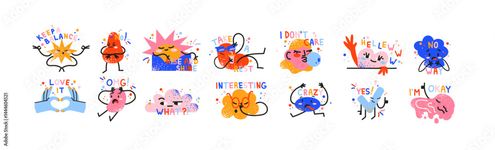 Naklejka premium Emotional doodle stickers in retro cartoon style. Characters with phrases: OMG, no way, love it, hello, take. Funny expressions and moods. Illustration in funky, doodle style, trendy sticker set