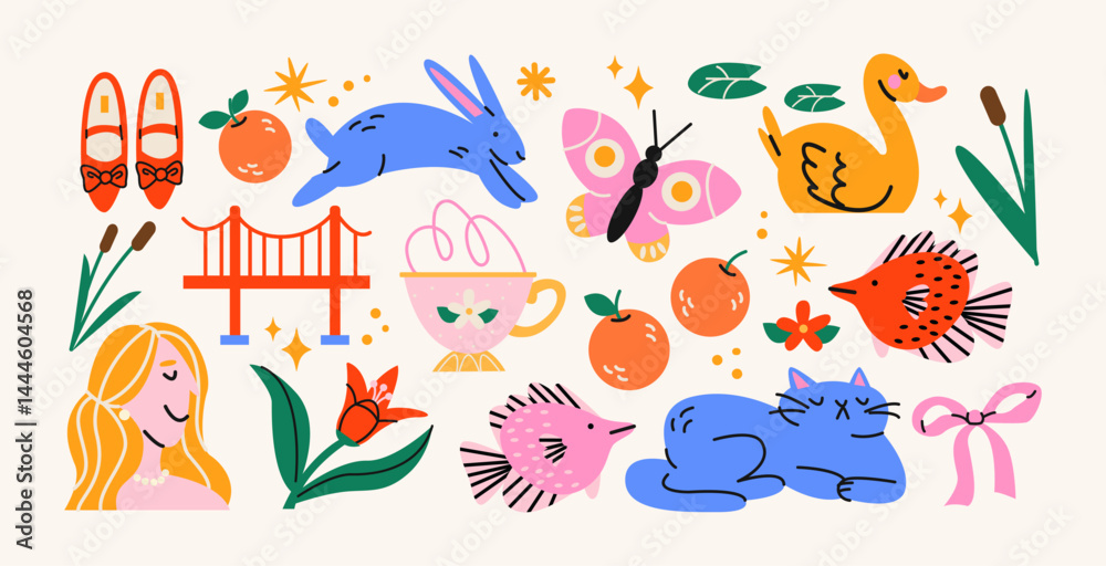 Obraz premium Retro hippie stickers 90s. Cartoon bright psychedelic elements, funky shapes, animals,fruits, vintage. Trendy doodle labels, patches, stamps 
