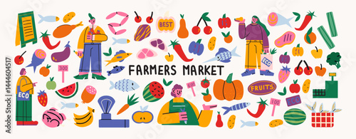 Set farm products in retro cartoon style. Fruits, vegetables, fish and eco food from market stalls. Natural home-grown ingredients, food. Buyer characters. Retro illustration in funky, doodle style.
