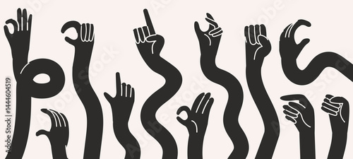 Colorful hand gestures in retro cartoon style. Different poses: pointing, hold, ok, finger snap. Human palms and wrists Illustration in funky, doodle style, trendy sticker set
