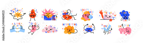 Emotional doodle stickers in retro cartoon style. Characters with phrases: OMG, no way, love it, hello, take. Funny expressions and moods. Illustration in funky, doodle style, trendy sticker set