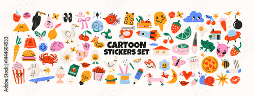  Retro hippie stickers 90s. Cartoon bright psychedelic elements, funky shapes, animals,fruits, vintage. Trendy doodle labels, patches, stamps
