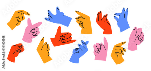 Colorful hand gestures in retro cartoon style. Different poses: pointing, hold, ok, finger snap. Human palms and wrists Illustration in funky, doodle style, trendy sticker set