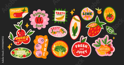 Fruit label stickers in retro cartoon style. Paper tags, fruit names, price stickers, colorful badges, grocery vibe, 90s packaging aesthetic, illustration in retro cartoon style, trendy patches.