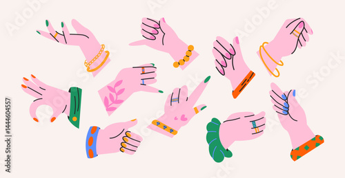 Colorful hand gestures in retro cartoon style. Different poses: pointing, hold, ok, finger snap. Human palms and wrists Illustration in funky, doodle style, trendy sticker set