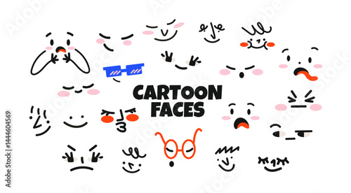 Funny cartoon faces in retro cartoon style. Expressions: sad, happy, shocked, angry. Illustration in funky, doodle style, trendy sticker set