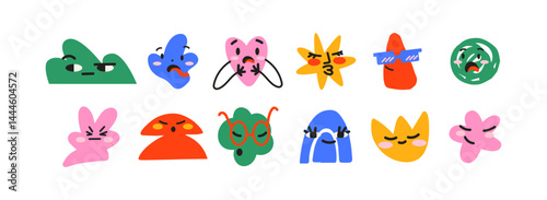 Abstract cartoon faces in retro cartoon style. Funny doodle characters with emotions: anger, surprise, sadness, joy. Colorful expressive shapes with facial expressions. Funky doodle mascots characters