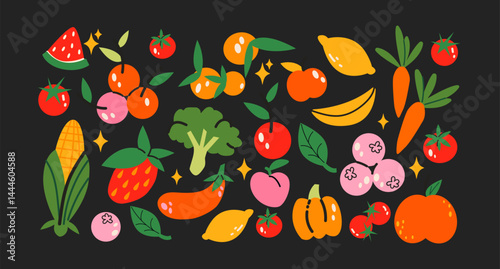 Fruits in retro cartoon style. Banana, orange, lemon, strawberry, colorful juicy elements, tropical vibe, 90s freshness aesthetic, illustration in retro cartoon style, trendy stickers