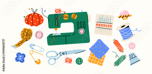 Sewing accessories stickers in retro cartoon style. Tools: sewing machine, scissors, pins. Illustration in funky, doodle style, trendy shapes set
