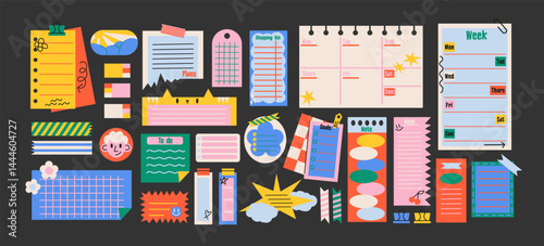 Sticky to do notes and scrapbooking elements in retro cartoon style. Note papers, torn sheets, labels, memo shapes, creative stationery, 90s journal vibe, illustration in retro cartoon style, trendy