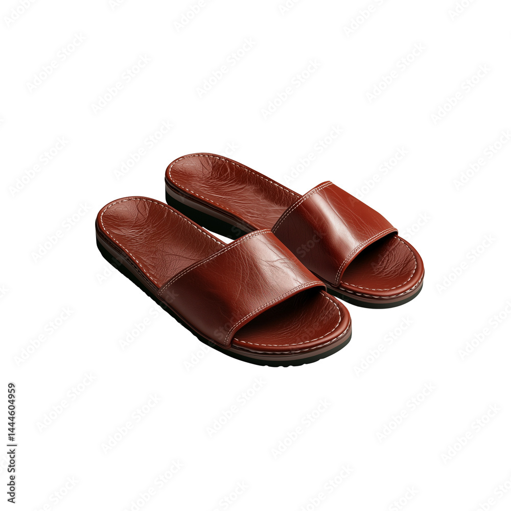 A pair of stylish brown leather slide sandals with a smooth finish and comfortable design. A pair of stylish brown leather slide sandals with a smooth finish and comfortable design.