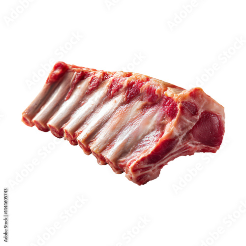 Raw rack of lamb meat on transparent background. Fresh butcher cut bone in ribeye for barbecue or carving. Concept of uncooked prime rib or tomahawk for cooking.