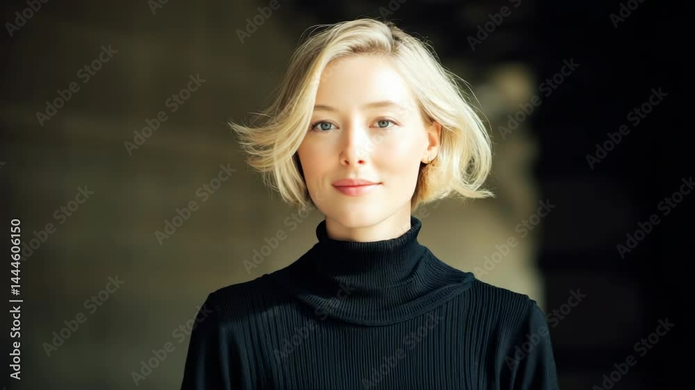 Portrait of a serene young blonde woman with wavy bob haircut wearing black turtleneck sweater against a muted background