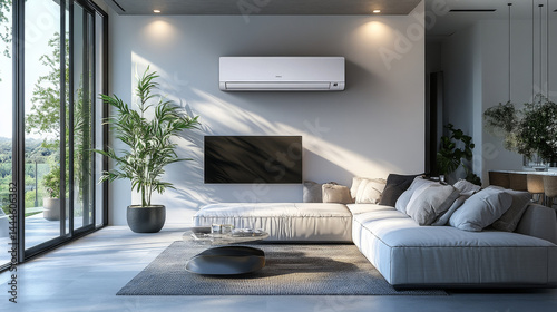 Ceiling-mounted cassette air conditioner unit in a contemporary setting