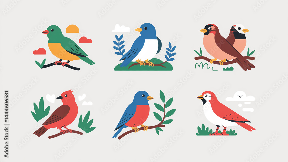 A Vector Illustration of a pairs birds. Featuring Five Parallel Architectural Panels with Dynamic Urban Elements A Vector Illustration of a pairs birds. Featuring Five Parallel Architectural Panels with Dynamic Urban Elements