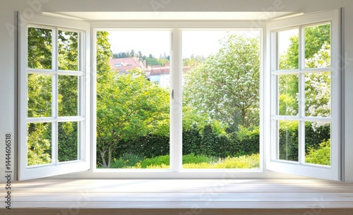 Wide, white, windowed view of a sunny garden  A light wooden sill frames the view, showcasing lush greenery and buildings beyond