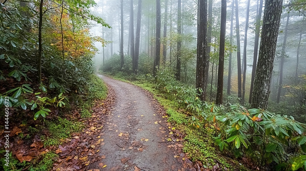 Naklejka premium Misty Forest Trail: Autumn Hike