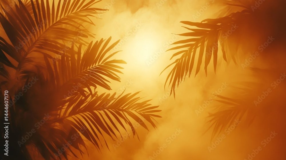 Fototapeta premium Tropical foliage silhouettes against a hazy orange glow.