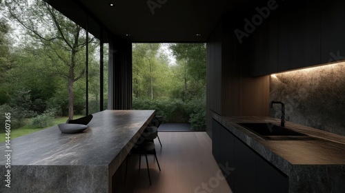 Modern, dark kitchen with expansive garden views
